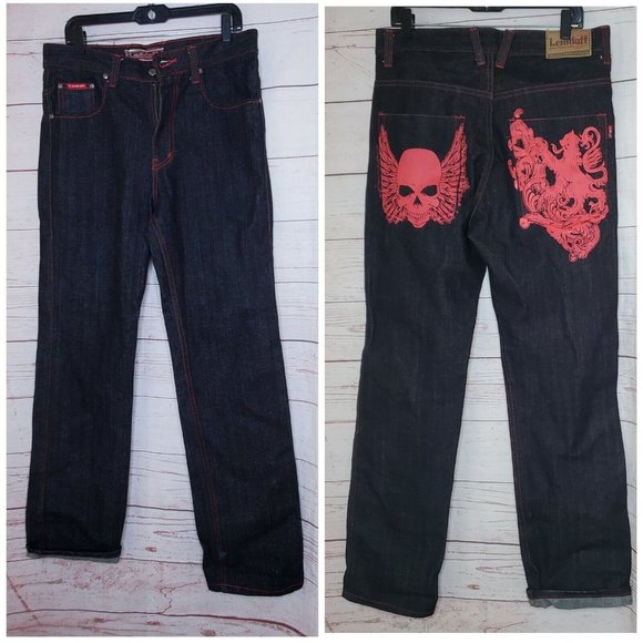 International LeadOff Men Designer Jeans Red Skull And Design On Back Pocket - Picture 3 of 12